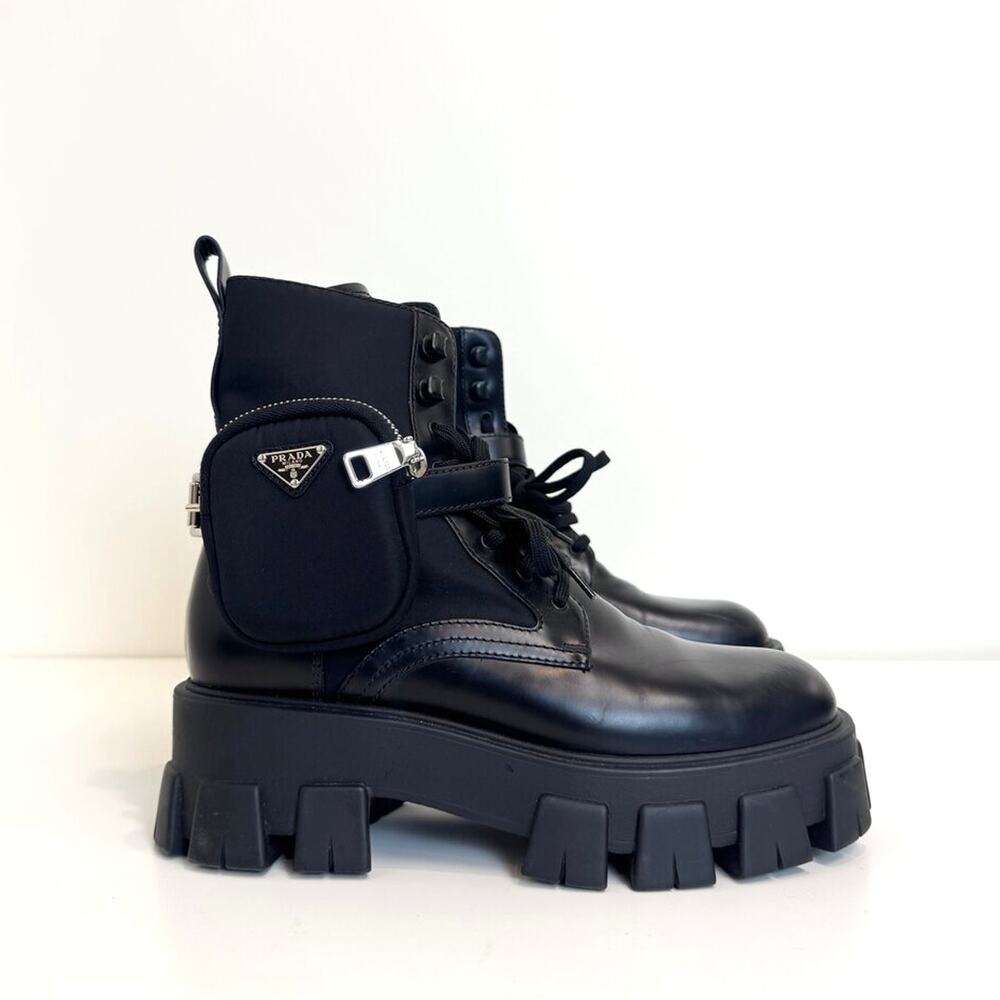PRADA Black Monolith Leather Nylon Pouch Boots 39.5 Combat Silver Logo Lug Sole